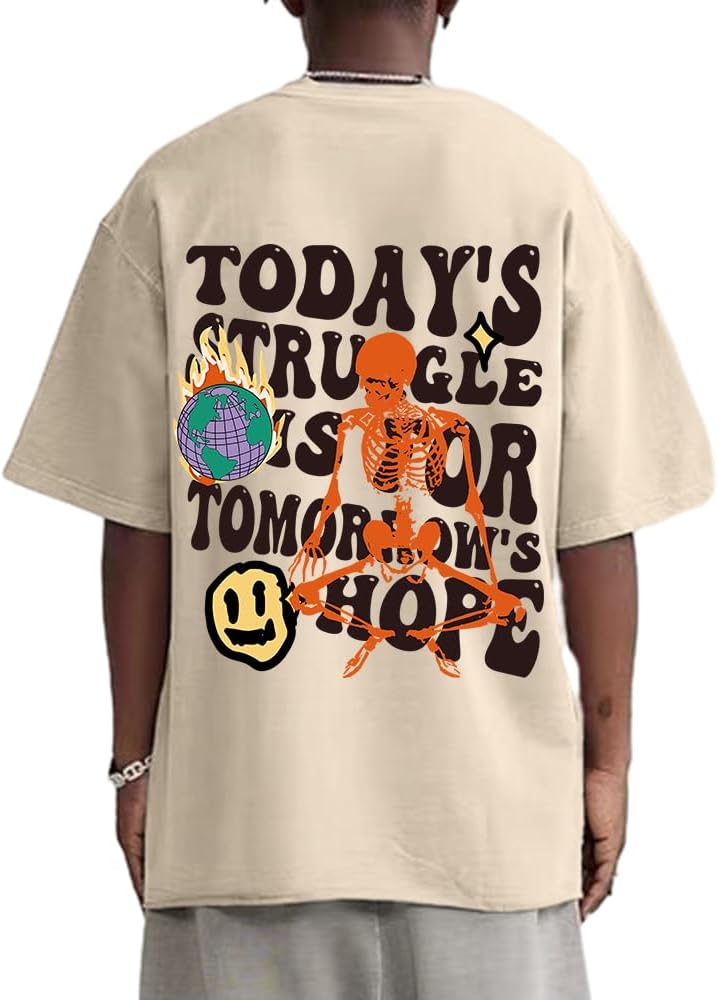 Oversized beige streetwear t-shirt with back graphic print featuring skeleton artwork and motivational quote design